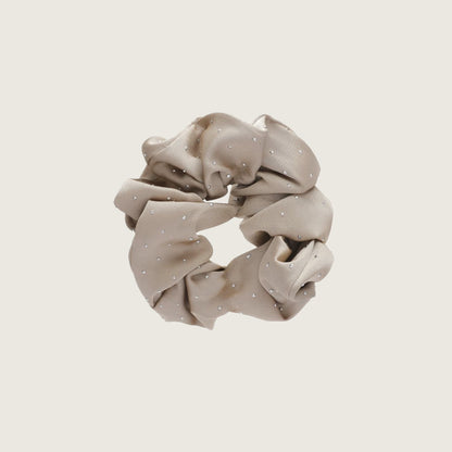 Flat lay of Satin Scrunchie With Rhinestones in khaki, great for everyday styling and gifting.