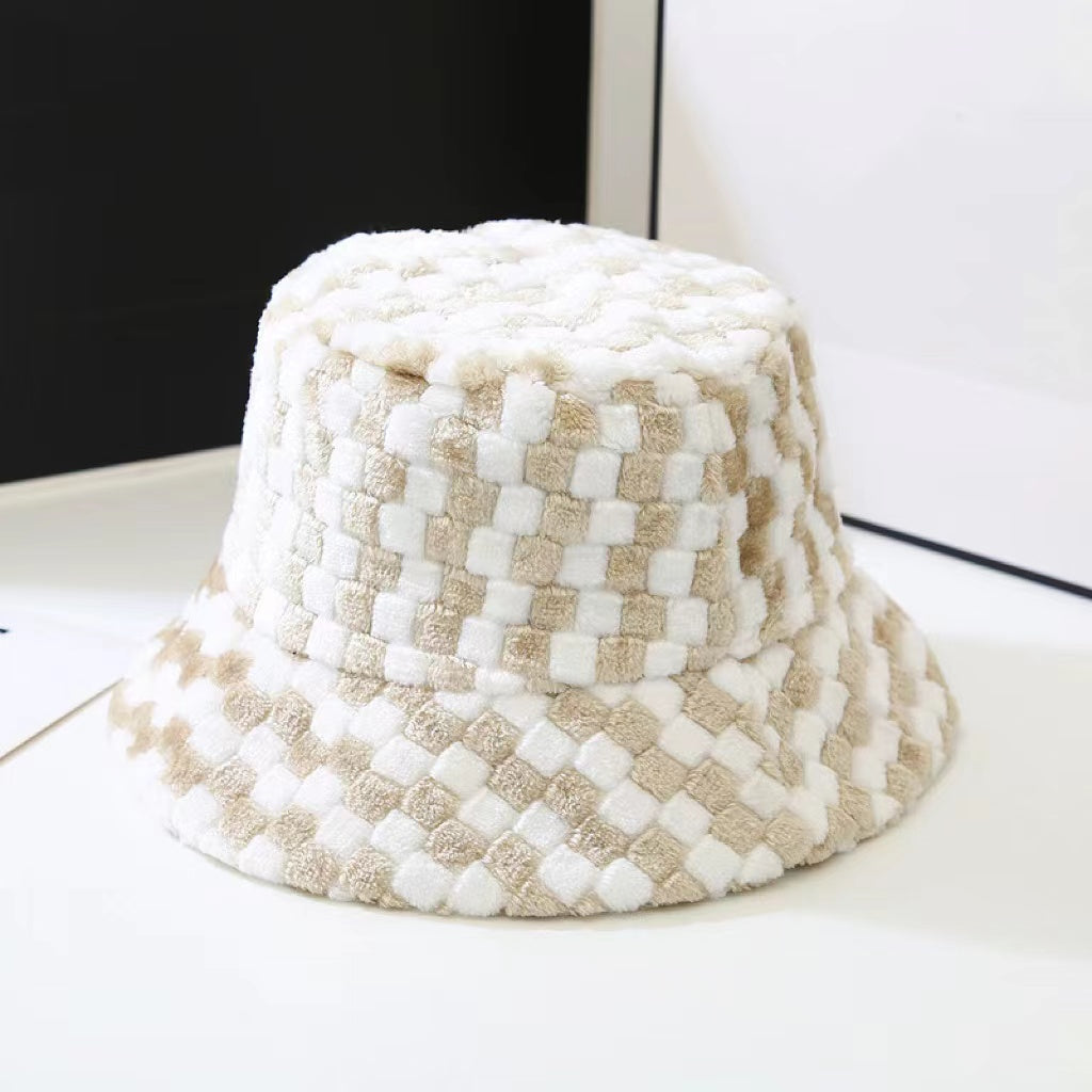 Front view of Sherpa Checkered Bucket Hat in khaki, features bold checkered pattern in premium plush sherpa.