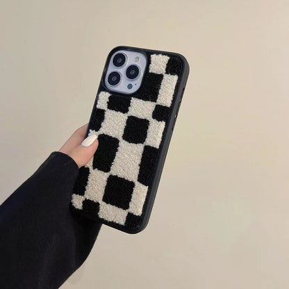 Full view of Sherpa Checkered Case. Winter-ready plush checkered pattern for a stylish cozy look.