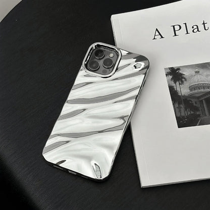 Front view of Silver Glossy Wave Case. High-gloss futuristic wave effect on flexible silicone.