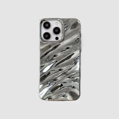 Silver glossy wave silicone iPhone case with a textured reflective surface.