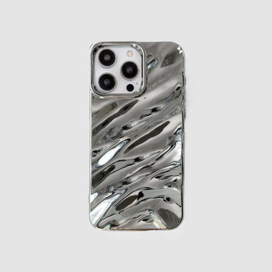 Silver glossy wave silicone iPhone case with a textured reflective surface.