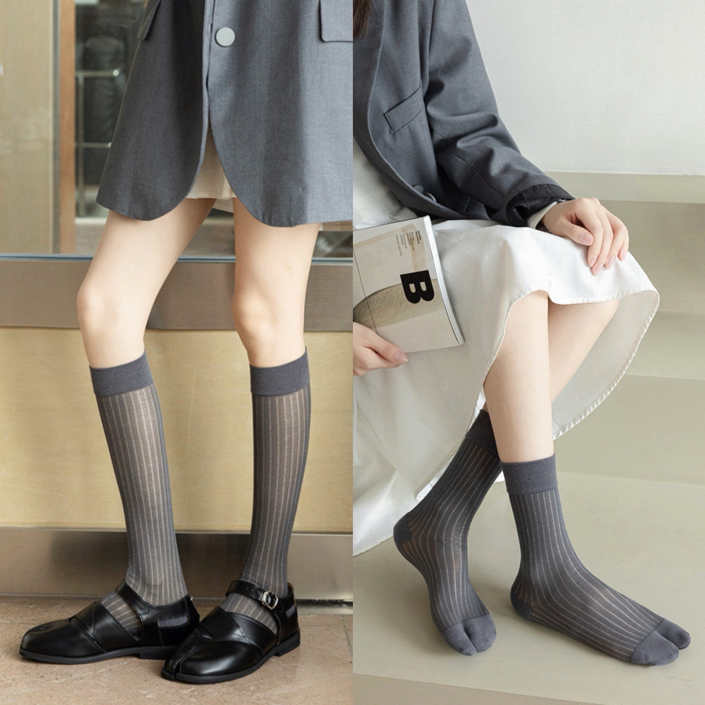 Two models wearing grey split-toe socks with silver thread stripe, ideal for everyday outfits and sneakers.