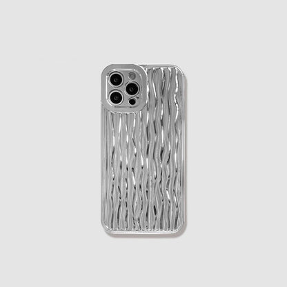 Silver silicone case with a water ripple texture and raised camera bezel for iPhone.