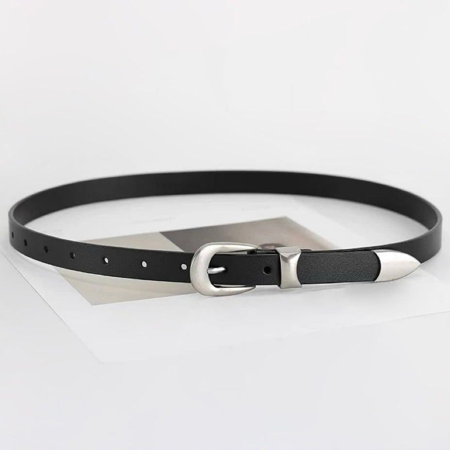 Classic black leather belt with a silver-tone buckle displayed in a loop.