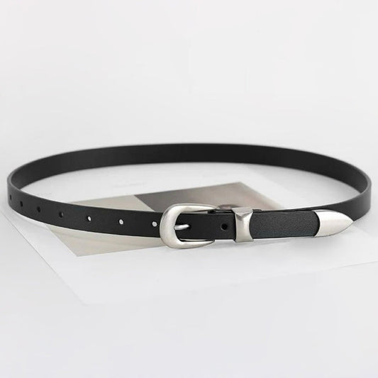 Classic black leather belt with a silver-tone buckle displayed in a loop.