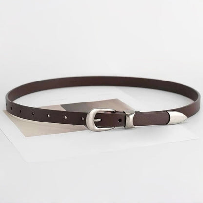 Dark brown leather belt with a refined metallic tip and minimalist buckle.