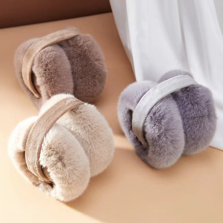 Grey, camel and coffee brown plush earmuffs displayed; showing the high-density faux fur texture.