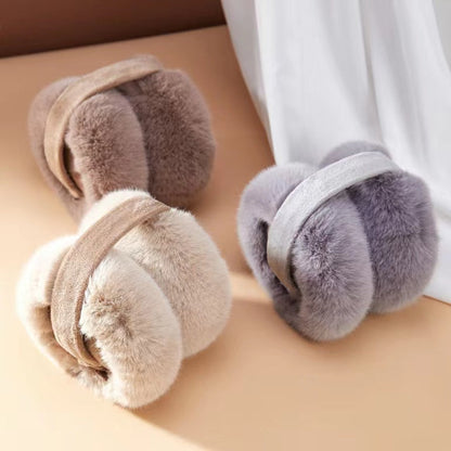 Grey, camel and coffee brown plush earmuffs displayed; showing the high-density faux fur texture.