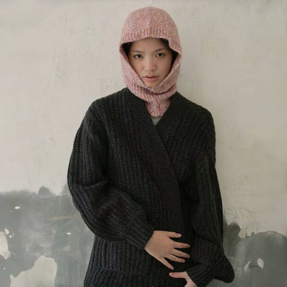 Model wearing Speckled Yarn Knit Balaclava Hat in pink. Soft feminine hue in a warm, protective build.