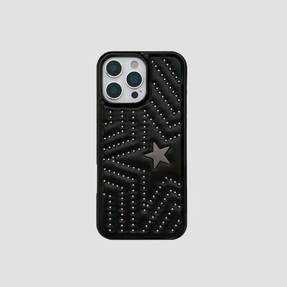 Black PU leather iPhone case featuring silver star studs and a prominent large gray star accent.