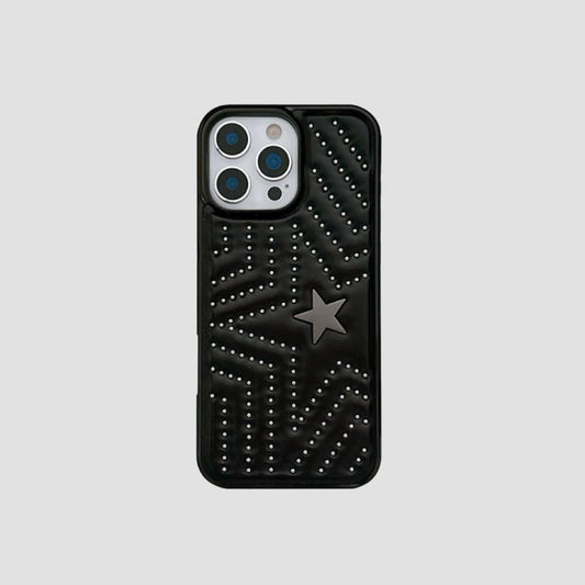 Black PU leather iPhone case featuring silver star studs and a prominent large gray star accent.