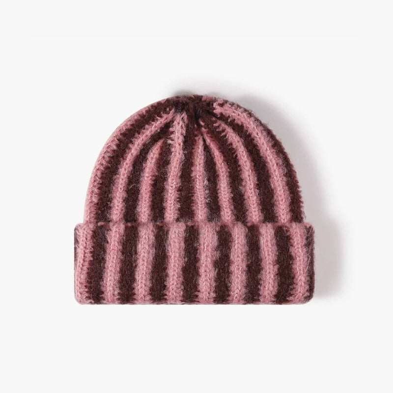 Front view of Striped Fluffy Knit Beanie in coral brown. Lightweight, cozy design for chilly outdoor days.