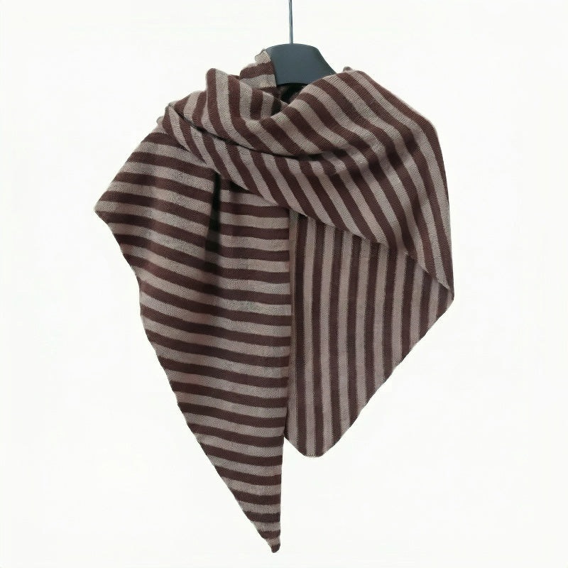 Angled view of Brown and light grey striped wool scarf hanging on a clean background