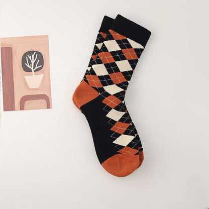 Flat lay of Thick Retro Socks in angyle pattern , easy to pack for travel and errands.