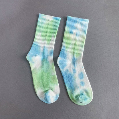 Angled view of Tie Dye Cotton Socks in blue and green, great for daily wear and lounging.