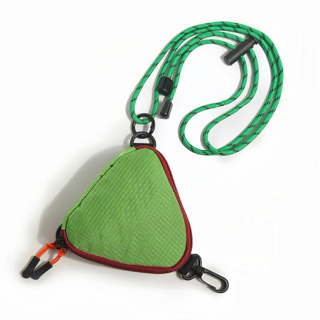Studio product view of the green triangle nylon pouch featuring a black carabiner clip and green utility cord strap.