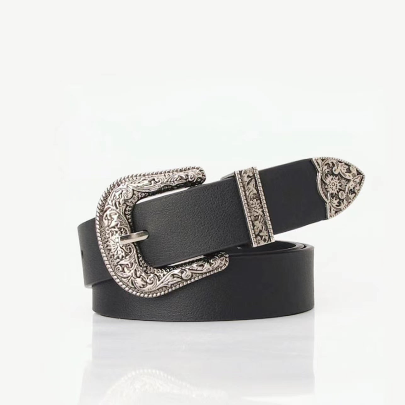Front view of black belt with Vintage Silver Buckle, versatile matching for daily wear