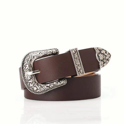 Front view of brown belt with Vintage Silver Buckle, stylish design for daily wear