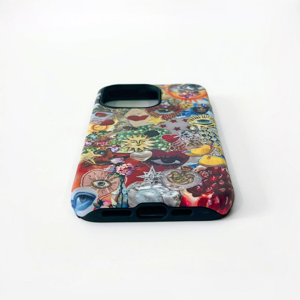 Front view of Whimsy Fusion Case. Artistic blend of colorful motifs on soft premium silicone.