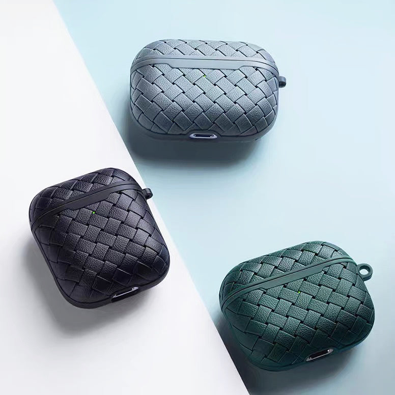 Three woven silicone AirPods case covers in gray, black, and dark blue, showcasing the textured design.