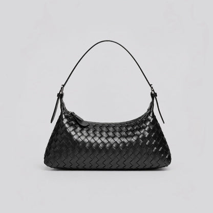 Front angle of a classic black woven leather hobo bag on a white background.