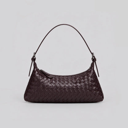 Front view of a dark brown woven vegan leather hobo purse with a short shoulder strap.