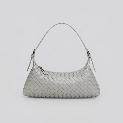 Front view of a soft light grey woven vegan leather hobo purse.